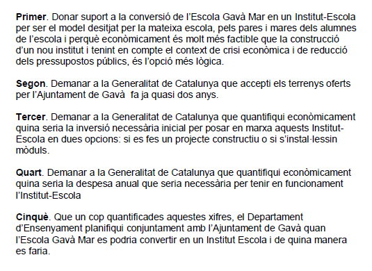 Declaraci�n pol�tica del Pleno del Ayuntamiento de Gav� para la conversi� de la Escuela Gav� Mar en un Instituto-Escuela (21 Marzo 2013)
